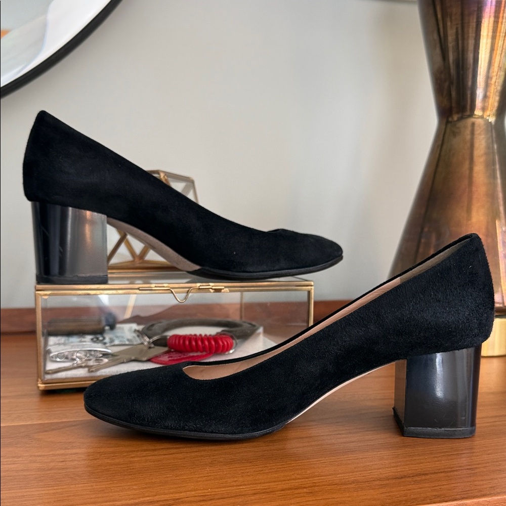 Vintage suede, lucite block heel
